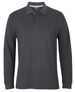 A long-sleeve black polo shirt with a collar and three buttons, featuring a logo on the chest.