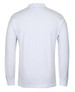 A white long-sleeved polo shirt with a collar, featuring a branding logo.