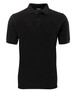 A black polo shirt featuring a three-button placket and short sleeves. It has a logo on the chest area.