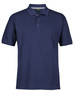 A navy blue polo shirt featuring a collar and three buttons, with a logo on it.