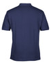 A navy blue polo shirt featuring a back view with a logo on the upper back.
