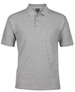A grey polo shirt with a collar and three buttons, featuring a logo on the label.
