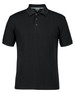 A black polo shirt with short sleeves and a three-button placket. It features a collar and has a logo.