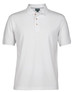 A white polo shirt featuring a classic collar and three buttons, with a logo on the chest.
