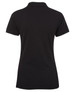 A black ladies' polo shirt with a collar, featuring a textured design and a logo on the back.
