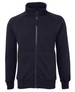A full zip jumper in black with a high collar and two front pockets. It features a logo on the chest.