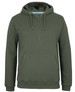 A green brass 1/2 zip hoodie featuring a front pocket and a hood, with a logo on the label.