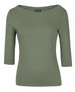 A green ladies' 3/4 sleeve boat neck tee shirt with a fitted design, featuring a branding logo.
