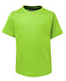 A bright green children’s T-shirt with short sleeves and a crew neckline, featuring a logo at the neck.