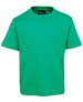 A bright green kids' T-shirt with a round neck and short sleeves. It features a brand logo on the inside label.
