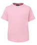 A pink kids' T-shirt with a round neckline and short sleeves. The shirt features a logo on the collar.