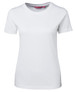 A white ladies' t-shirt with a round neck and short sleeves, featuring a logo on the label.