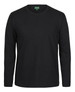 A black long-sleeve T-shirt with a round neck and a tag on the neckline, featuring a logo.