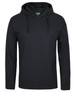 A long-sleeve hooded tee in black, featuring a front pocket and a hood design. It includes a logo label inside.