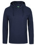 A navy long-sleeved hooded tee with a front pocket and a hood, featuring a logo on the tag.