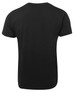 A black V-neck T-shirt with short sleeves and a plain back design. It features a branding logo.
