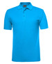 A bright blue polo shirt featuring a collar and three buttons, with a logo on the chest.