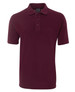 A burgundy polo shirt with a collared neckline and three-button placket. It features a logo on the fabric.