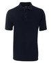 A navy blue polo shirt featuring a collar and three-button placket. It has a logo on the chest.