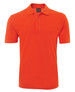 An orange polo shirt with a collared neck and three buttons, featuring a small logo.