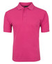 A bright pink polo shirt with a collared neckline and two buttons, featuring a logo on the chest.