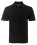 A black polo shirt featuring a pocket and a logo on the collar. Short sleeves and a classic design.