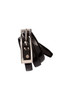 A black semi-patent belt with a silver buckle, featuring a sleek design and shiny finish.