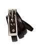 A black semi-patent belt with a shiny finish and a metallic buckle, featuring a logo on the buckle.