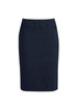 A navy knee-length skirt with a fitted design and two front pockets. It features a logo on the waistband.
