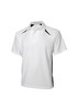 A white short sleeve polo shirt with black side accents and a collar, featuring a logo.