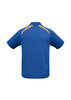A blue polo shirt with short sleeves and yellow accents, featuring a logo on the back.