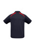 A short sleeve polo shirt in navy blue with red accents and a logo on the back.