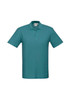 A teal men's polo shirt featuring a classic collar and short sleeves, with a logo on the chest.