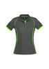 A women's polo shirt in grey with green accents, featuring a logo on the chest and short sleeves.