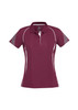 A maroon women's short sleeve polo shirt with white accents and a logo. Features a classic collar and a sporty design.