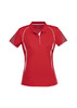 A red women's short sleeve polo shirt featuring white accents and a logo on the chest.
