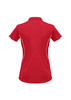 A red women's short sleeve polo shirt with white detailing and a logo on the back.