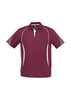 A maroon short sleeve polo shirt featuring white accents and a logo on the collar.