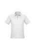 A light grey short sleeve polo shirt with a collar and button placket, featuring a logo on the chest.