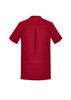 A red women's tunic featuring short sleeves and a back pleat, designed for uniforms. Includes a branding logo.