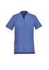 Blue women's tunic with short sleeves, a mandarin collar, and button details. Features two front pockets and a logo.