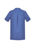 A blue women's tunic with short sleeves and a centre back pleat, featuring a simple design and a logo.