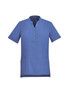 A short-sleeved, blue tunic featuring a collar and button detail, with side pockets and a simple design.