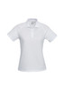 A white women's short sleeve polo shirt with a collar and logo detail.