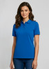 A woman stands wearing a blue women's sprint short sleeve polo shirt with a collar and logo.