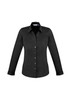 A black women's long sleeve button-up shirt with a fitted design and a collar, featuring a logo.