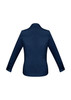 A navy blue long sleeve button-up shirt with a structured collar and cuffs. It features a branding logo.