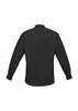 A black long sleeve button-up shirt with a straight back view and wrist cuffs. Features a logo on the sleeve.