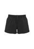 A pair of black women's sports shorts featuring an elastic waistband with a drawstring.