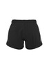 A pair of women's sports shorts in black, featuring an elastic waistband and reflective detailing.